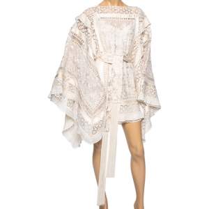 Pre Owned Zimmermann Cream Silk Organza & Crochet Trimmed Belted Kaftan Dress M
