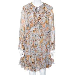 Pre Owned Zimmermann Grey Floral Printed Ruffled Trim Detailed Dress M