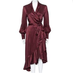 Pre Owned Zimmermann Burgundy Silk Ruffled Asymmetrical Wrap Dress L