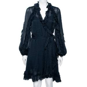 Pre Owned Zimmermann Navy Blue Striped Silk Ruffled Wrap Dress L