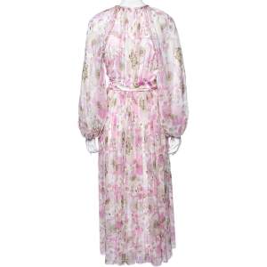 Pre Owned Zimmermann Pink Floral Printed Silk Braided Trim Detailed Belted Dress L