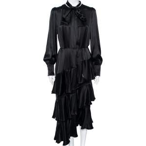Pre Owned Zimmermann Black Silk Stain Ruffle Tiered Belted Dress L