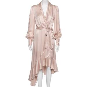 Pre Owned Zimmermann Pink Silk Ruffled Asymmetrical Wrap Dress L