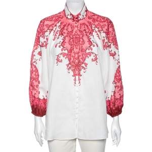 Pre Owned Zimmermann White and Pink Nina Printed Ramie Blouson Sleeves Blouse S