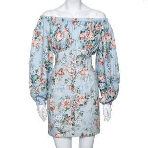 Pre Owned Zimmermann Blue Floral Printed Cotton Bowie Off Shoulder Dress S