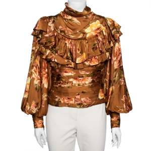 Pre Owned Zimmermann Metallic Brown Floral Print Silk Ruffled and Ruched Detailed Zipped Cuff Blouse S