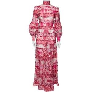 Pre Owned Zimmermann Pink Printed Linen Wavelength Paneled Maxi Dress XS