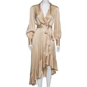 Pre Owned Zimmermann Beige Silk Wrap Ruffle Hem Midi Dress XS