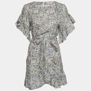 Pre Owned Zimmermann Blue Printed Linen Wrap Detail Ruffled Dress S
