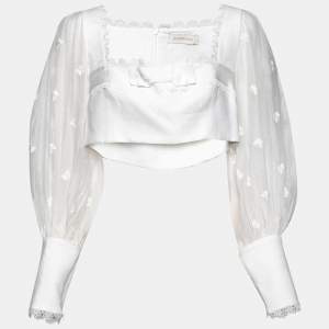 Pre Owned Zimmermann White Linen Lace Trimmed Balloon Sleeve Crop Top L