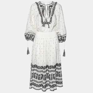 Pre Owned Zimmermann White & Black Tali Embroidered Linen Fringe Detail Maxi Dress S