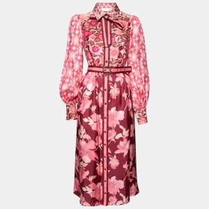 Pre Owned Zimmermann Pink Floral Printed Silk Belted Midi Shirt Dress M
