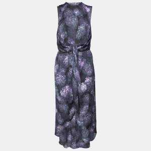 Pre Owned Zimmermann Purple Floral Printed Silk Draped Asymmetric Midi Dress M
