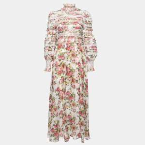 Pre Owned Zimmermann White Floral Printed Linen Wavelength Paneled Maxi Dress S