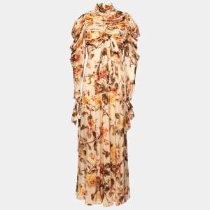 Pre Owned Zimmermann Beige Floral Printed Silk Ruched and Draped Detail Mock Neck Maxi Dress S