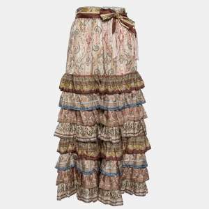 Pre Owned Zimmermann Multicolor Printed Silk Freja Scarf Tie Ruffled Tiered Skirt S