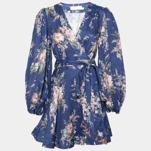 Pre Owned Zimmermann Blue Moonshine Floral Printed Linen Wrap Dress S