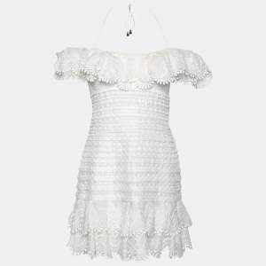 Pre Owned Zimmermann White Linen Off Shoulder Scalloped Hem Tonal Embroidery Pleated Dress S