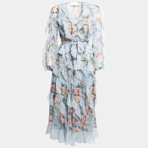 Pre Owned Zimmermann Blue Floral Printed Silk Chiffon Ruffle Trimmed Dress S