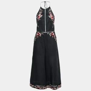 Pre Owned Zimmermann Black Linen & Cotton Floral Embroidered Jumpsuit M