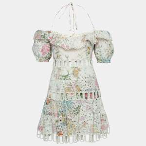 Pre Owned Zimmermann White Floral Printed Eyelet Embroidered Heathers Off Shoulder Dress M