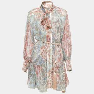 Pre Owned Zimmermann Multicolor Printed Silk Chiffon Belted Shirtdress L