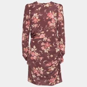Pre Owned Zimmermann Brown Floral Printed Silk Side Ruched Detail Dress S