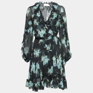 Pre Owned Zimmermann Navy Blue Ruffled Printed Swiss-Dot Silk Georgette Wrap Dress S