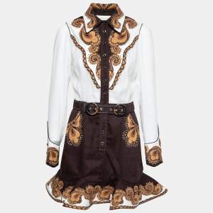Pre Owned Zimmermann White & Brown Linen Zippy Dandy Studded Belted Dress M