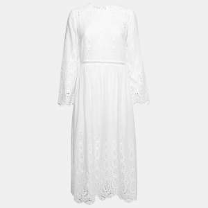 Pre Owned Zimmermann White Eyelet Embroidered Cotton Scalloped Hem Dress L