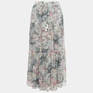 Pre Owned Zimmermann Grey Floral Printed Silk Pleated Hem Maxi Skirt S
