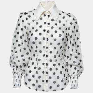 Pre Owned Zimmermann White Polka Dot Silk & Linen Button Front Blouse XS