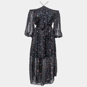 Pre Owned Zimmermann Navy Blue Floral Print Silk Diamond Halter Neck Dress S