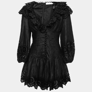 Pre Owned Zimmermann Black Linen Bellitude Ruffle-Neck  Mini Dress M