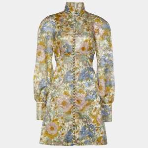 Pre Owned Zimmermann Yellow Floral Brocade Super Eight Balloon Sleeve Mini Dress M
