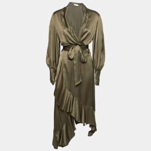 Pre Owned Zimmermann Olive Green Silk Asymmetric Ruffled Wrap Dress L