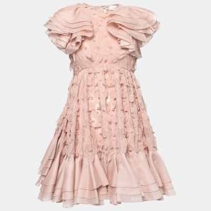 Pre Owned Zimmermann Pink Chiffon & Linen Frill-Trim Dancer Mini Dress S