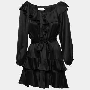 Pre Owned Zimmermann Black Silk Ruffled Off-Shoulder Belted Dress L