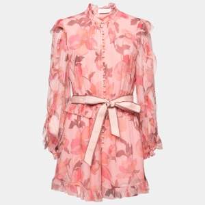 Pre Owned Zimmermann Pink Floral Printed Silk Chiffon Ruffle Trimmed Belted Jumpsuit L