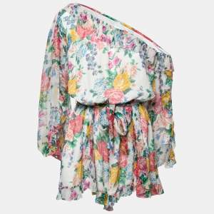 Pre Owned Zimmermann White Floral Printed Silk Chiffon One-Shoulder Jumpsuit M