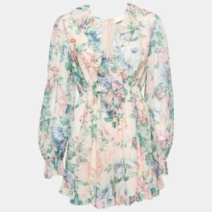 Pre Owned Zimmermann Beige Floral Print Silk Ruffled Jumpsuit L