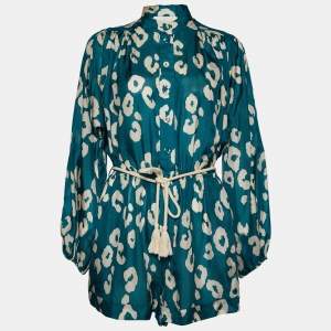 Pre Owned  Zimmermann Teal Leopard Print Silk Billow Playsuit S