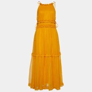 Pre Owned Zimmermann Yellow Silk Chiffon Frilled Halterneck Dress S