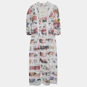Pre Owned Zimmermann White Floral Print Linen Lace Paneled Allia Midi Dress M