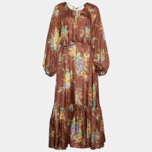 Pre Owned Zimmermann Brown Printed Silk Belted Zinnia Dress M