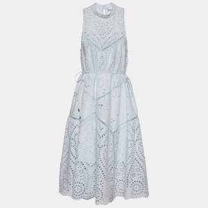 Pre Owned Zimerman Light Blue Embroidered Cotton Scalloped Hem Dress M