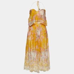 Zimmermann Yellow Floral Print Cotton Confetti Scallop Tie Dress M