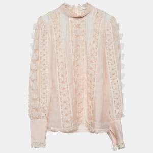 Pre Owned Zimmermann Peach Linen Silk Lace Butterfly Flutter Blouse L