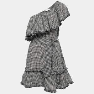 Zimmermann Black Checkered Patterned Linen Belted Mini Dress L