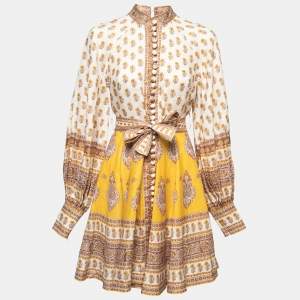 Zimmermann Cream & Yellow Paisley Printed Belted Mini Dress M